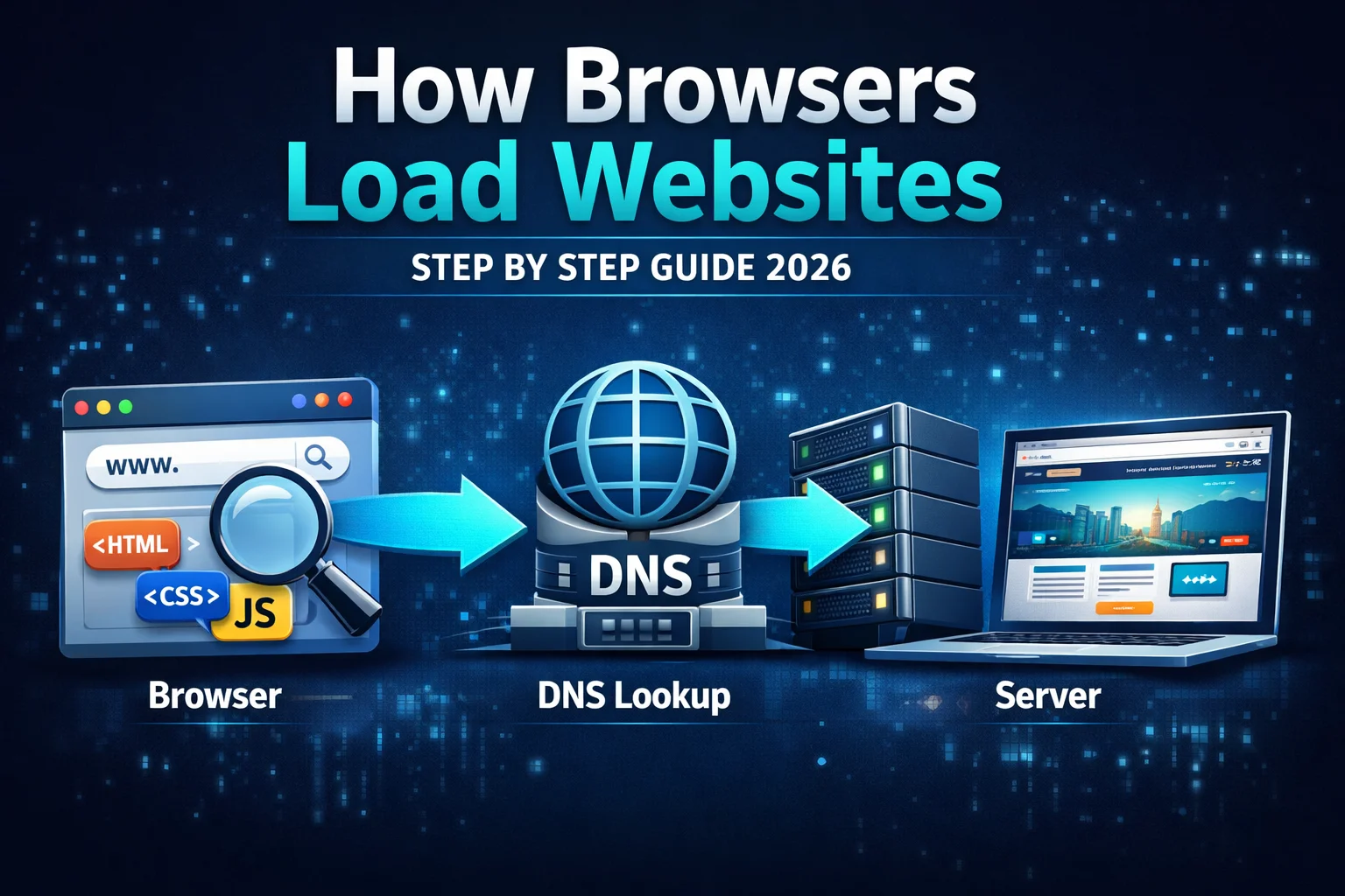 How browsers load websites step by step showing browser, DNS lookup, server response, and website rendering process in 2026