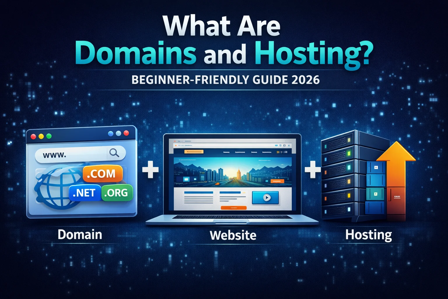 What Are Domains and Hosting? Beginner-friendly guide 2026 showing domain name, website, and hosting server connection
